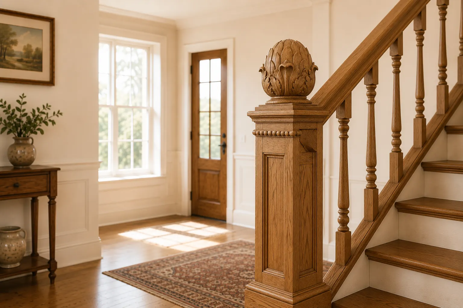 Carved oak newel cap shown in a bright staircase interior