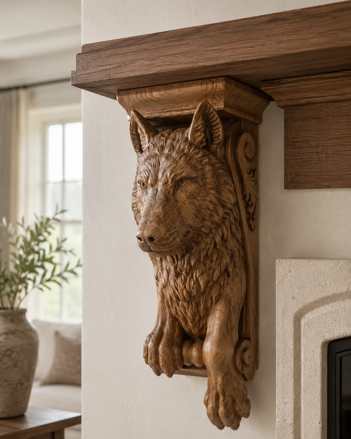 Carved wood corbels and mantel details in a warm interior