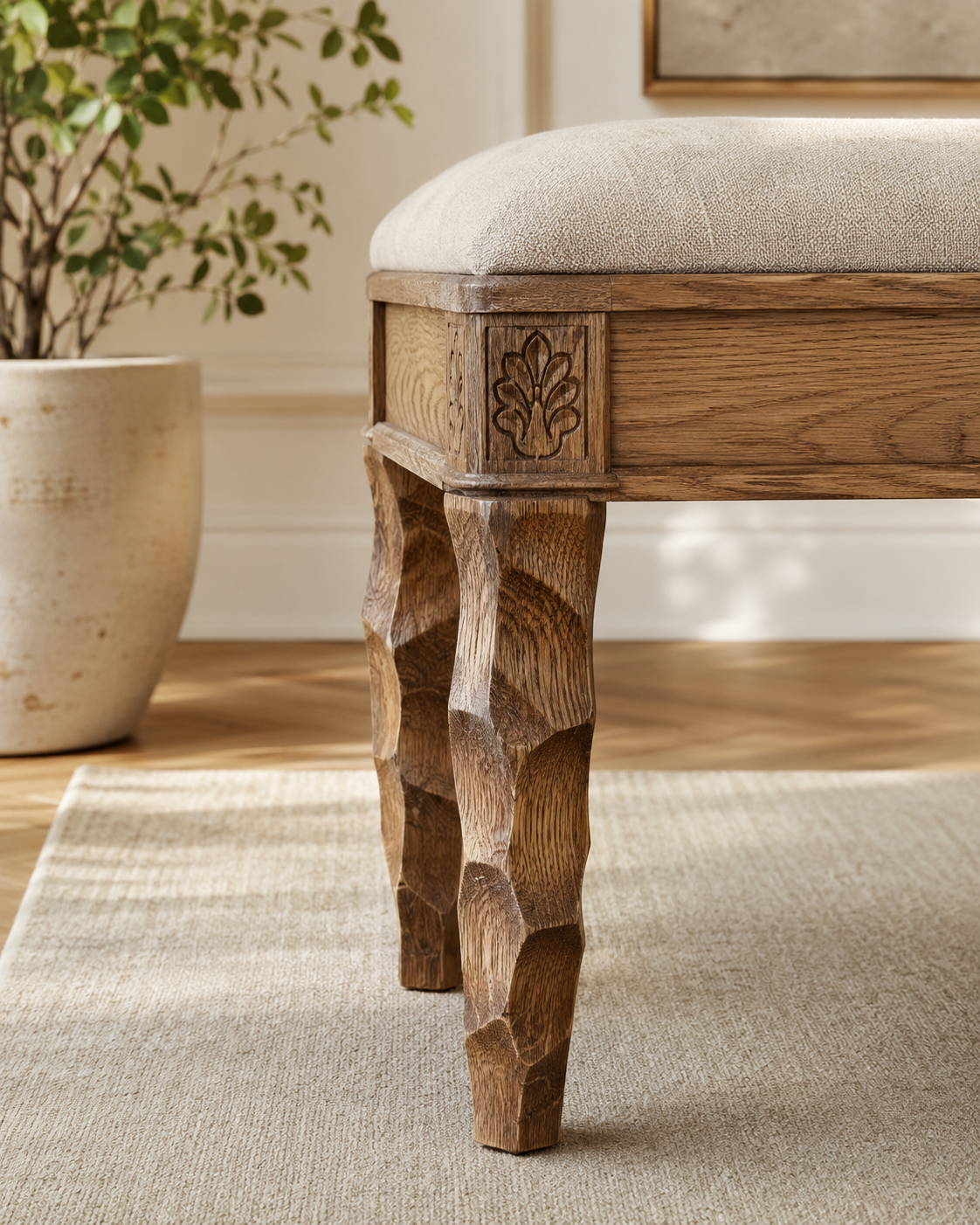 Carved wood furniture legs and feet in a refined workshop setting