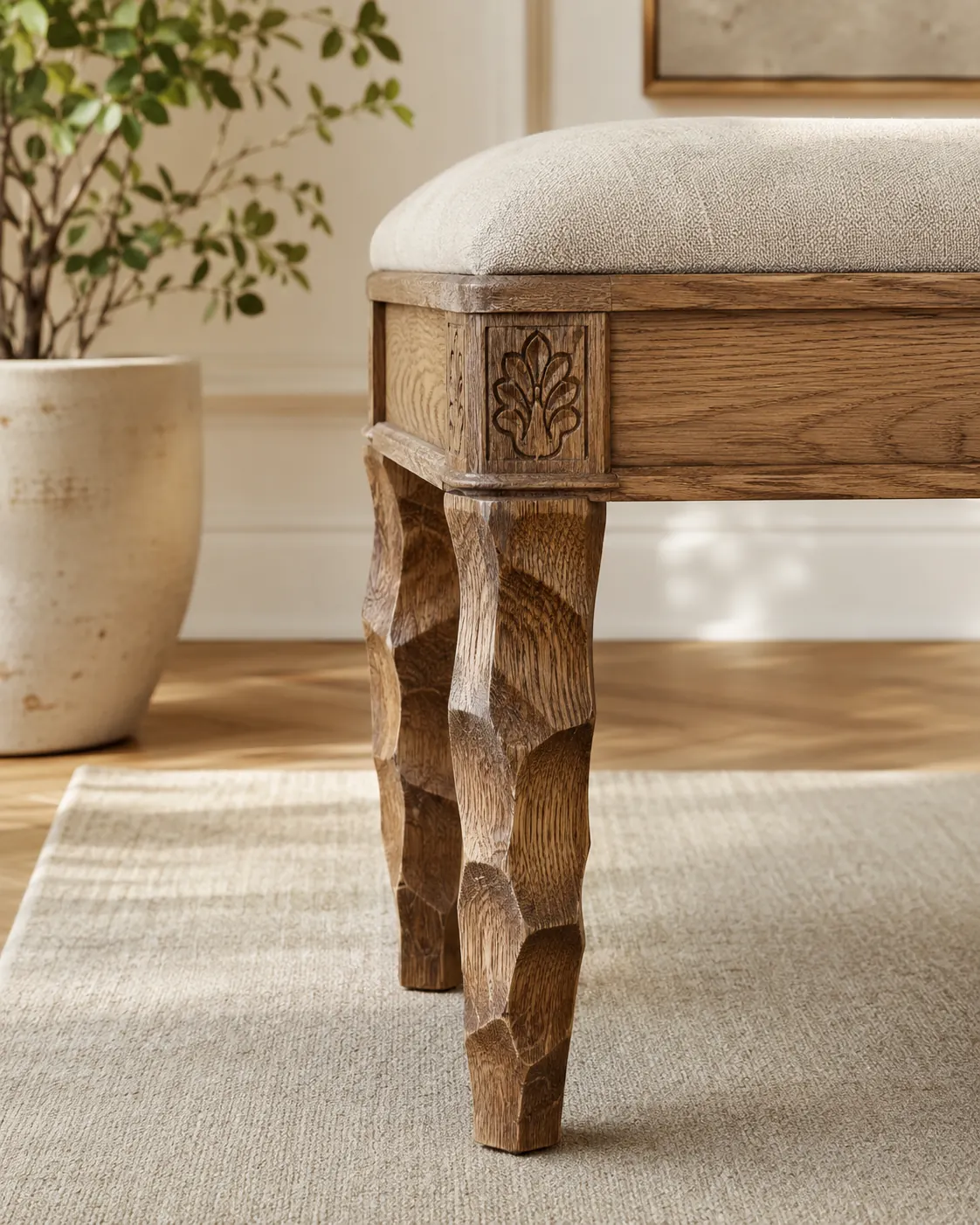 Carved wood furniture legs and feet in a refined workshop setting