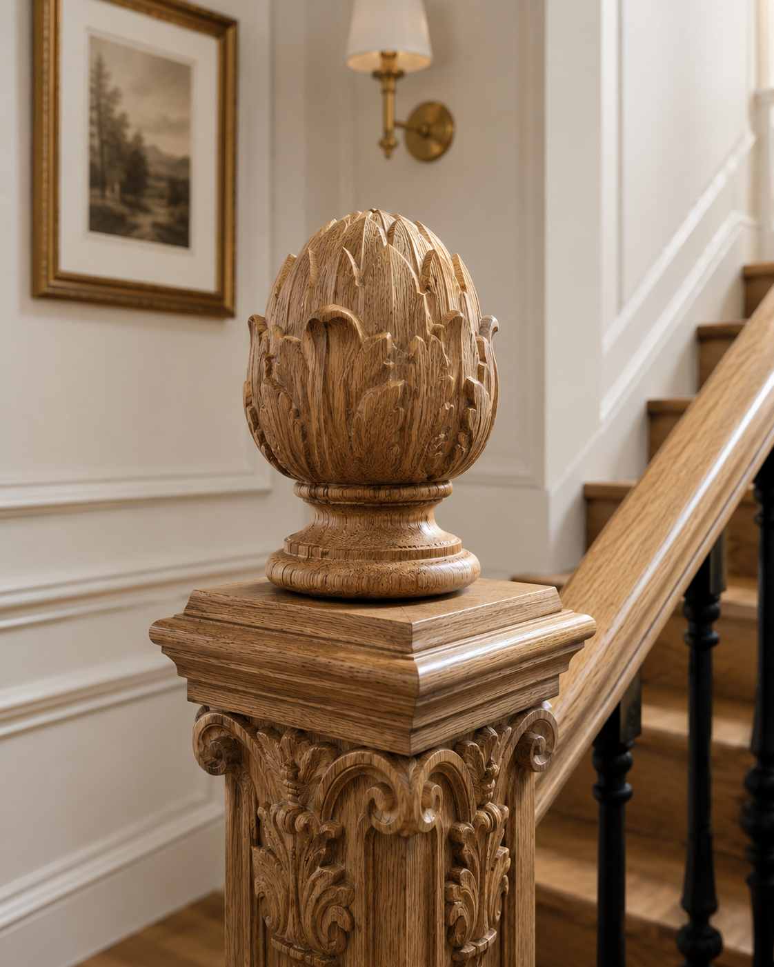 Carved oak newel caps and finials for a staircase project