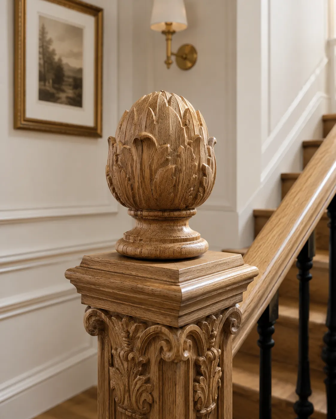 Carved oak newel caps and finials for a staircase project
