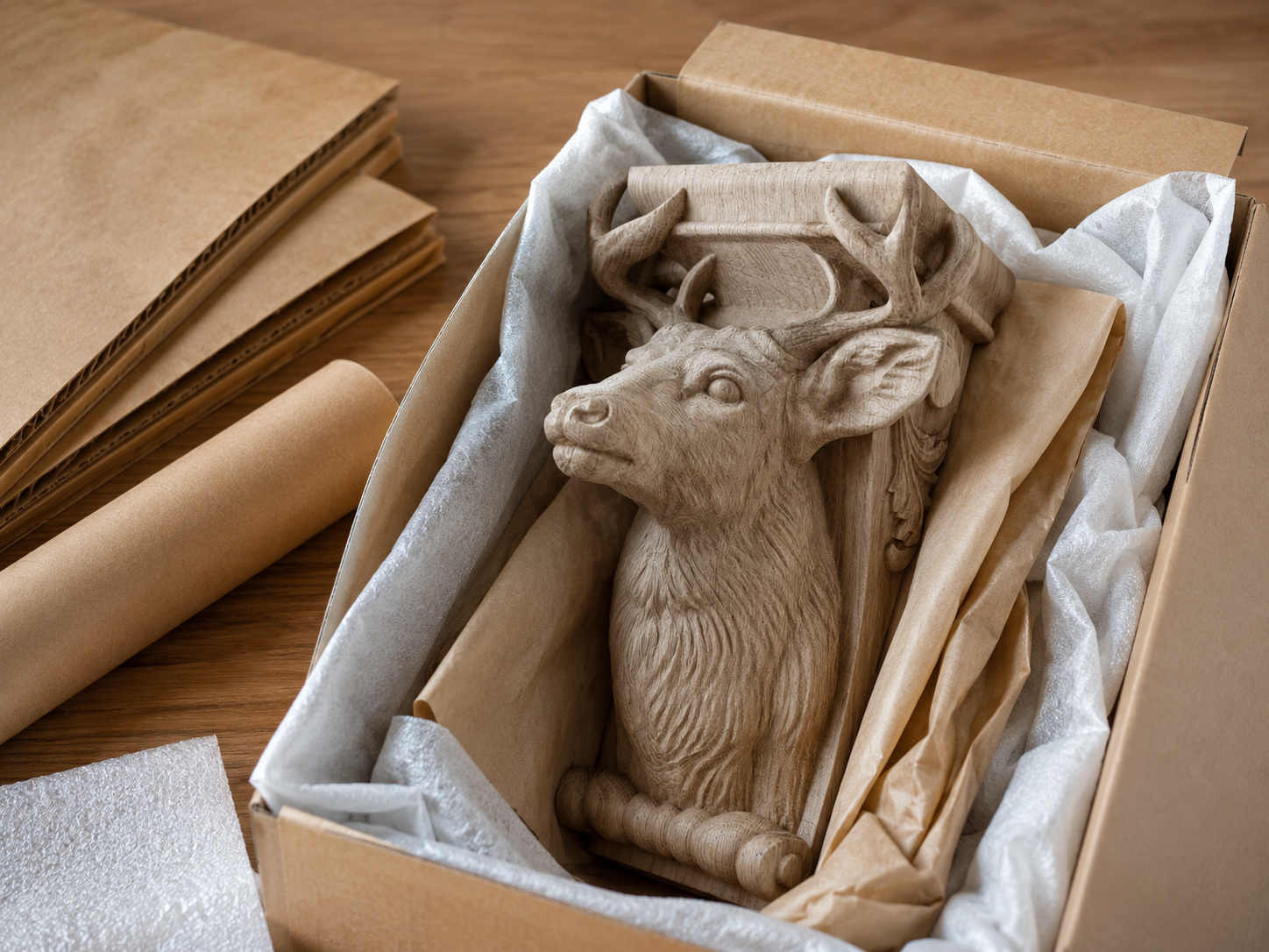 Carved wood parts prepared with protective packing