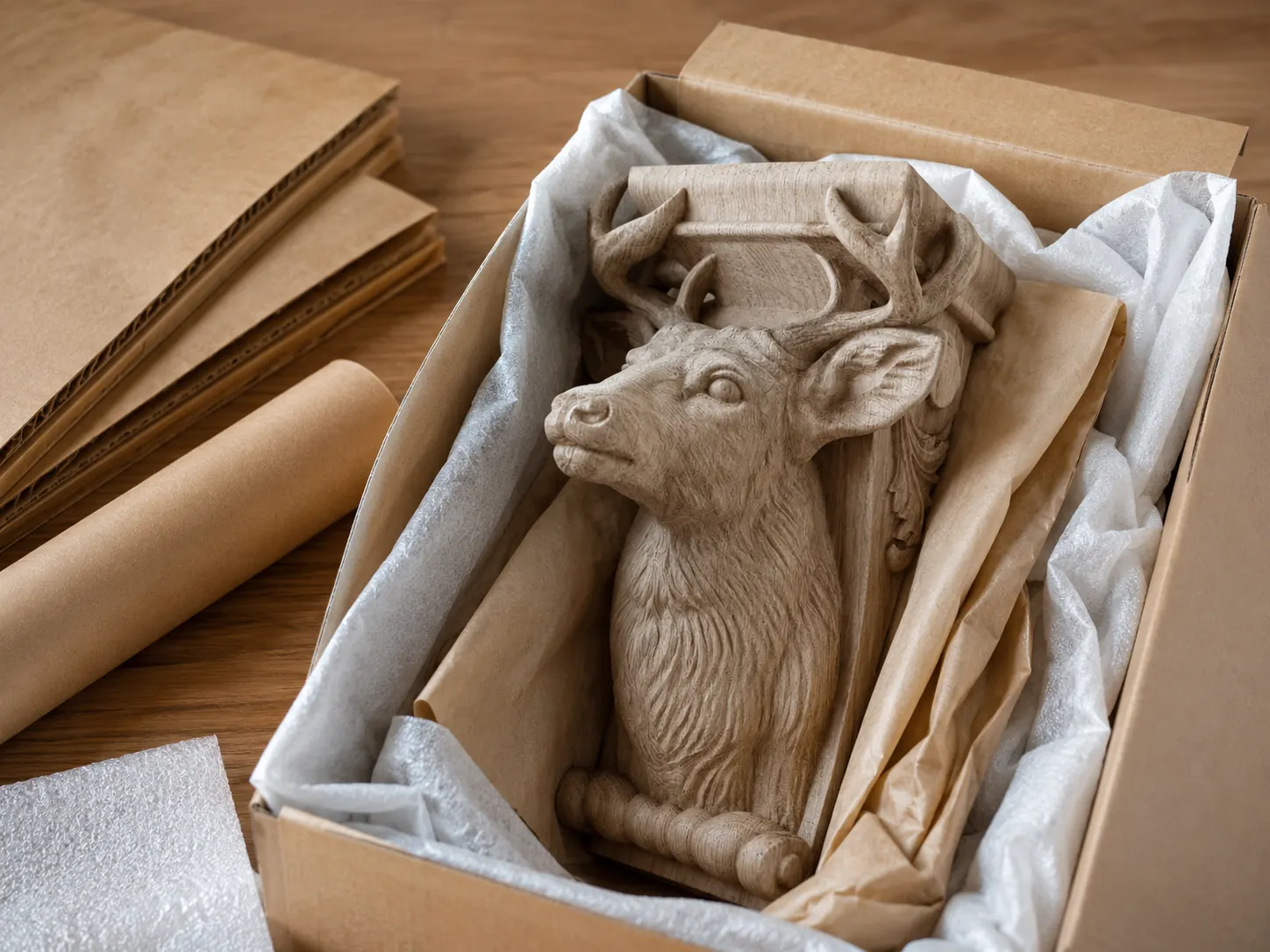 Carved wood parts prepared with protective packing