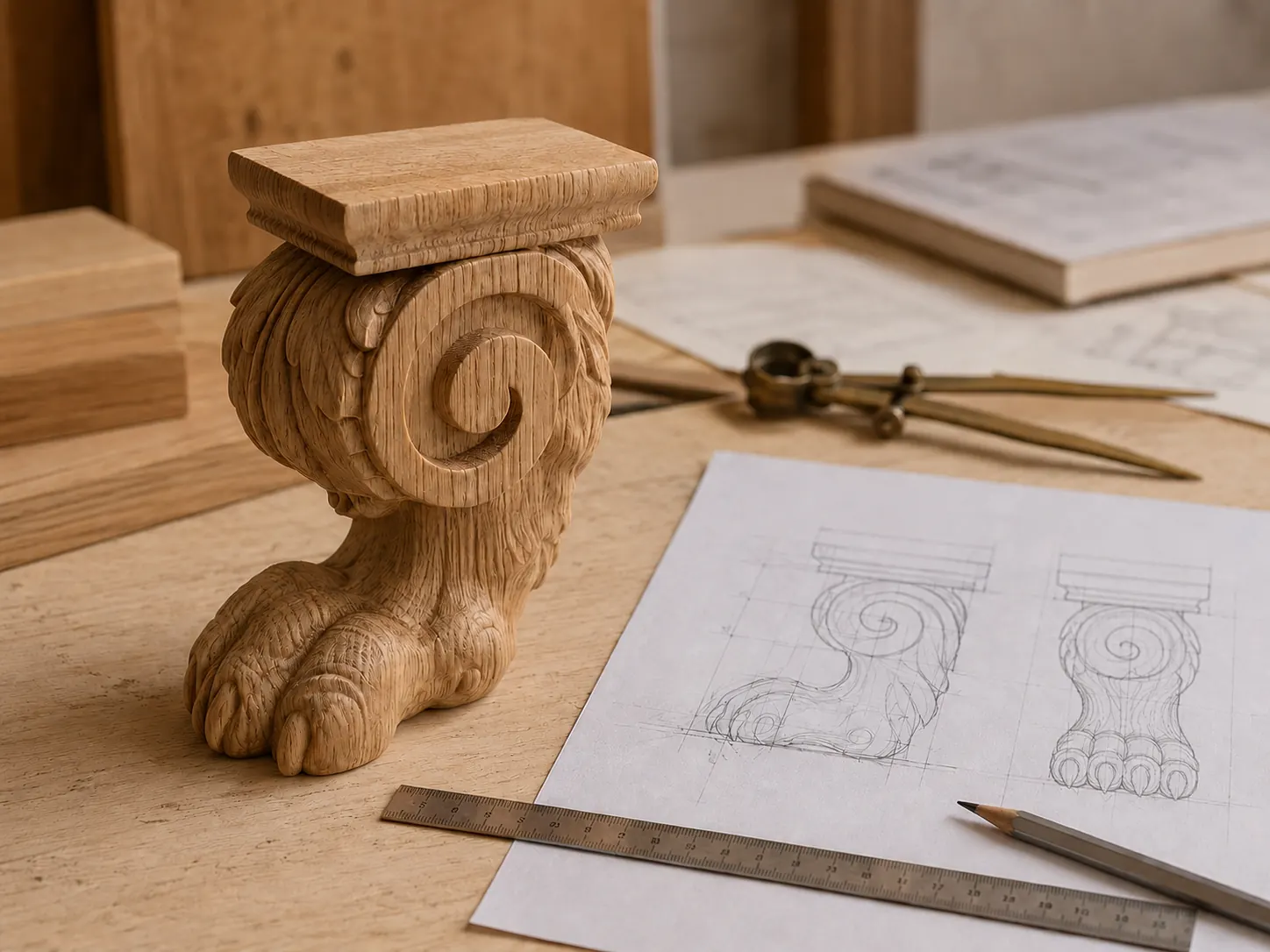 Carved wood sizing notes and measuring tools