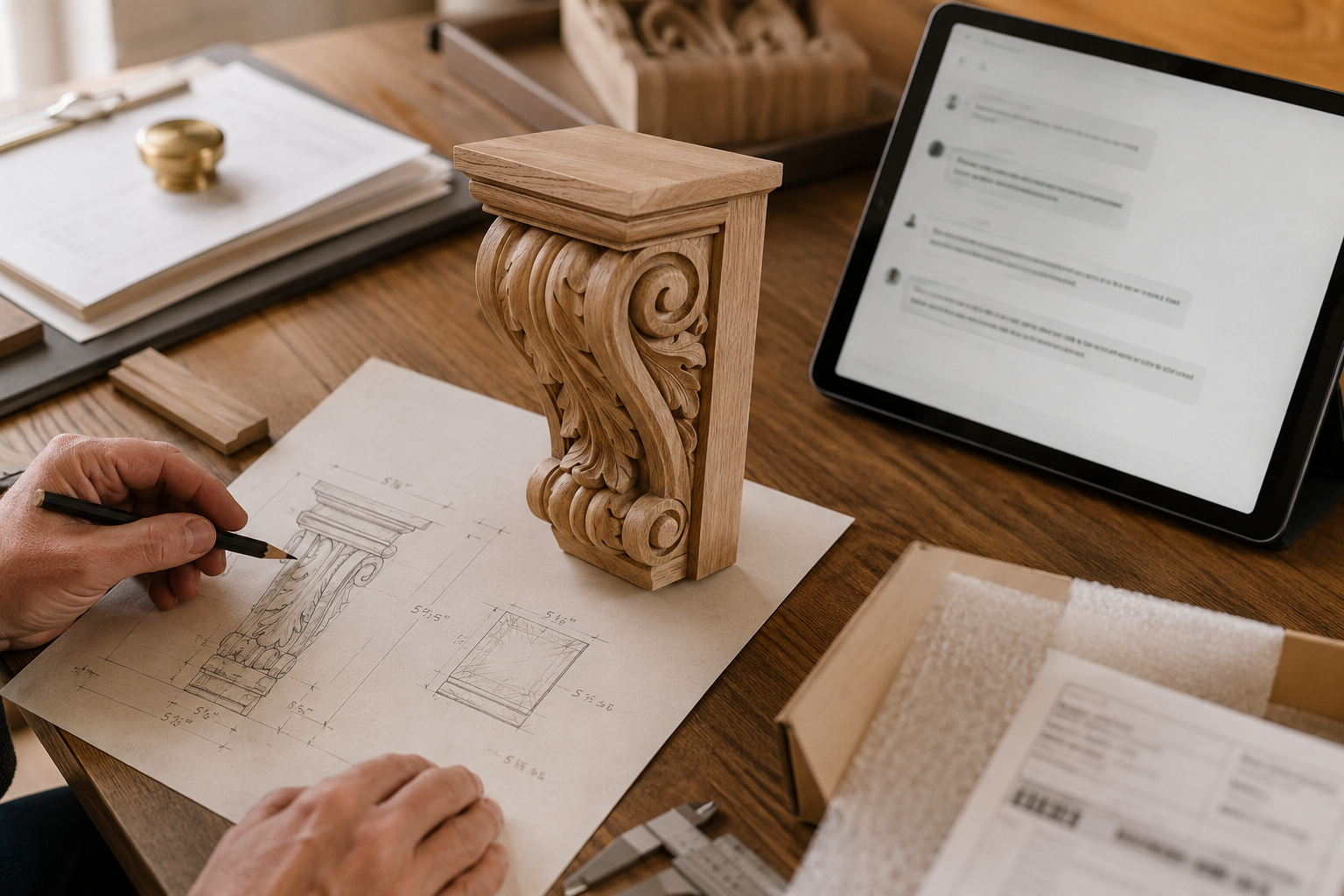 Project sketches and carved wood planning notes