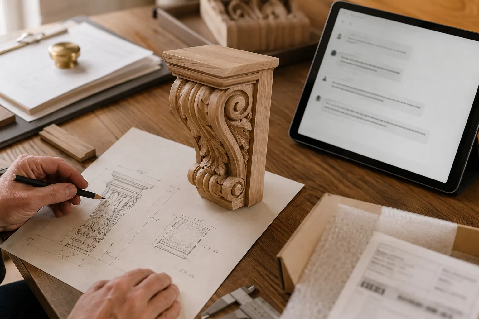 Project sketches and carved wood planning notes